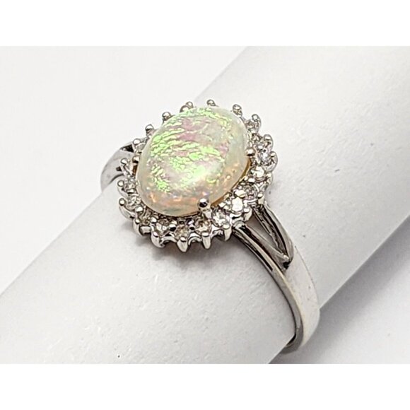 Beautiful 14K Karat Solid White Gold Designer White Opal & Diamond Ring - Size 7 - Picture 3 of 16